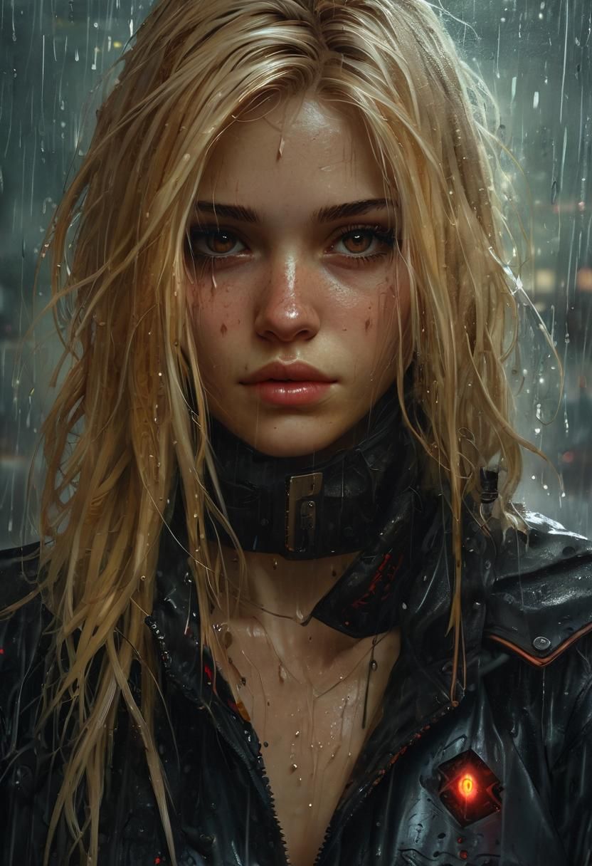 Cyberpunk Girl in the Rain: Detailed Digital Portrait
