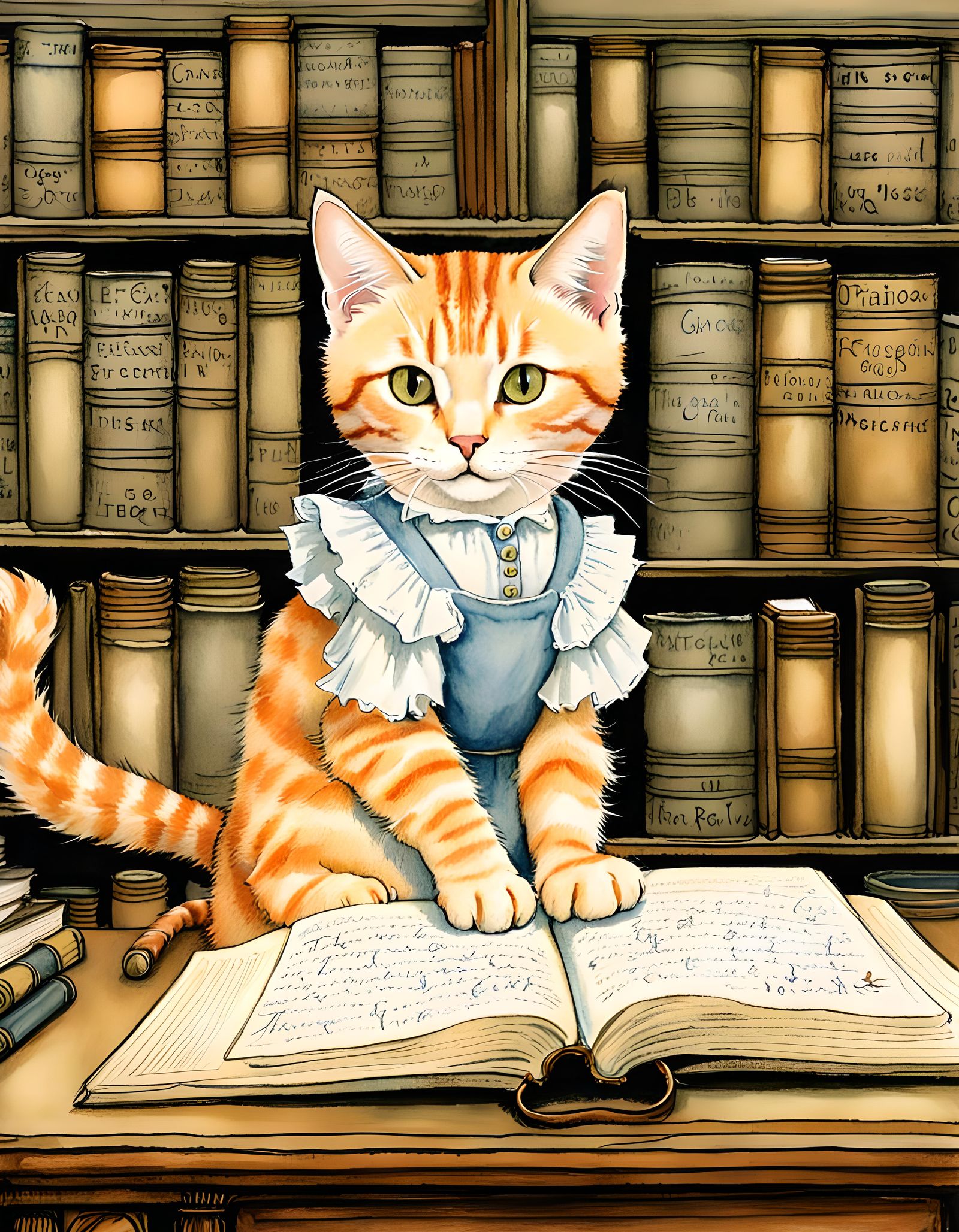 Tabby Cat Writing in Felinese, Watercolour Style