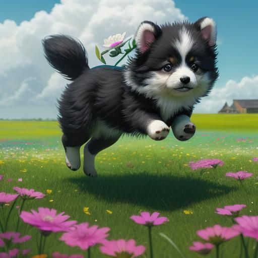 Fluffy Puppy Hovering Over Flowers: Hyperrealistic Digital A...