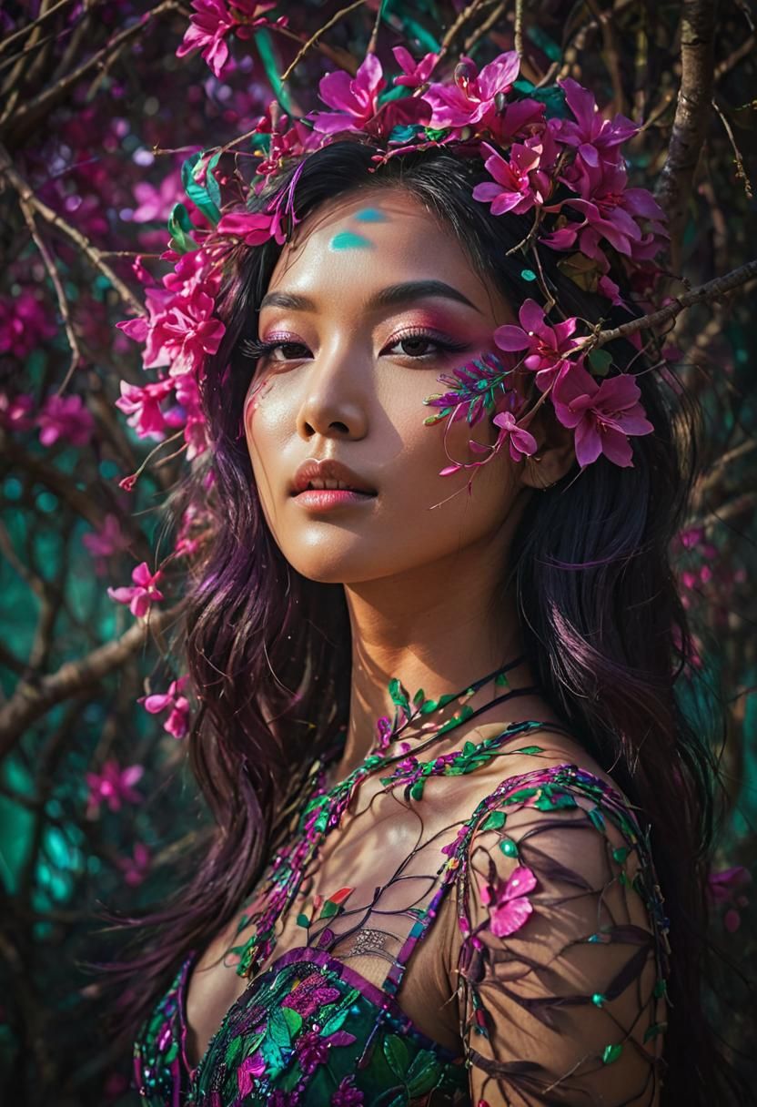 Double exposure trees Asian  model girl ,lines Epic cinemati...