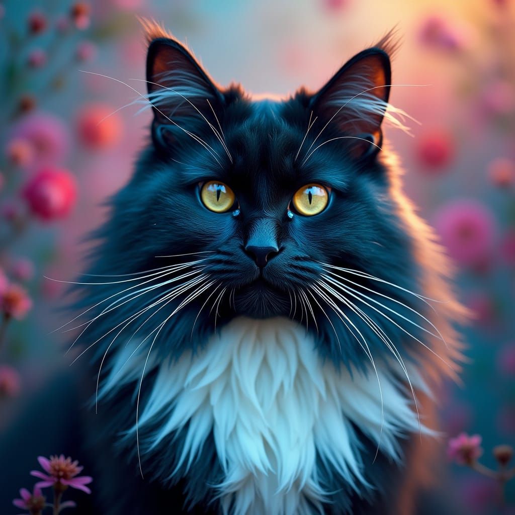 Surreal Tuxedo Cat Portrait with Colorful Floral Aura