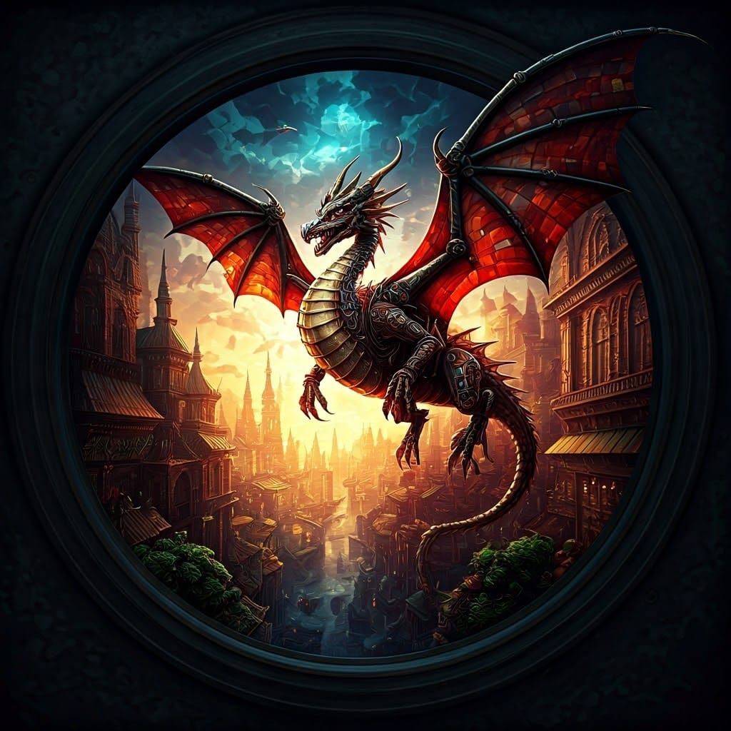 Steampunk Dragon Flight Over City, 3D Sculpture