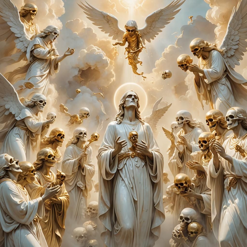 Surrealist Angels Licking Skulls in Heaven