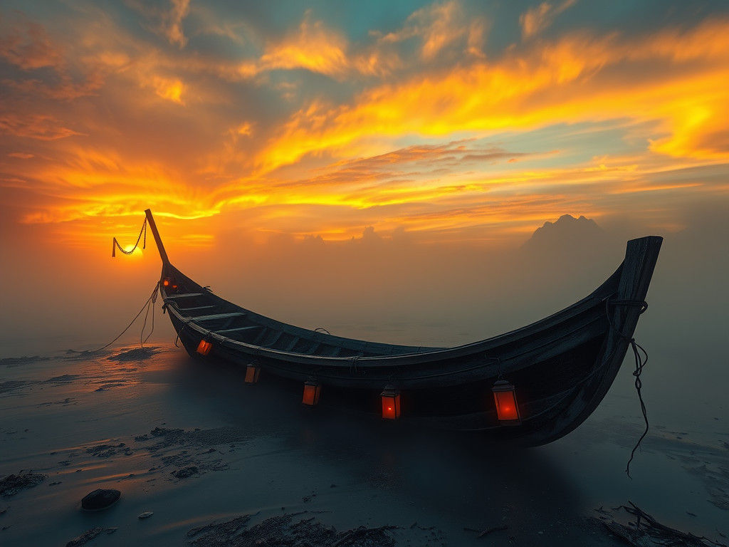 Abandoned Fishing Boat on Mystic Riverbank at Sunset