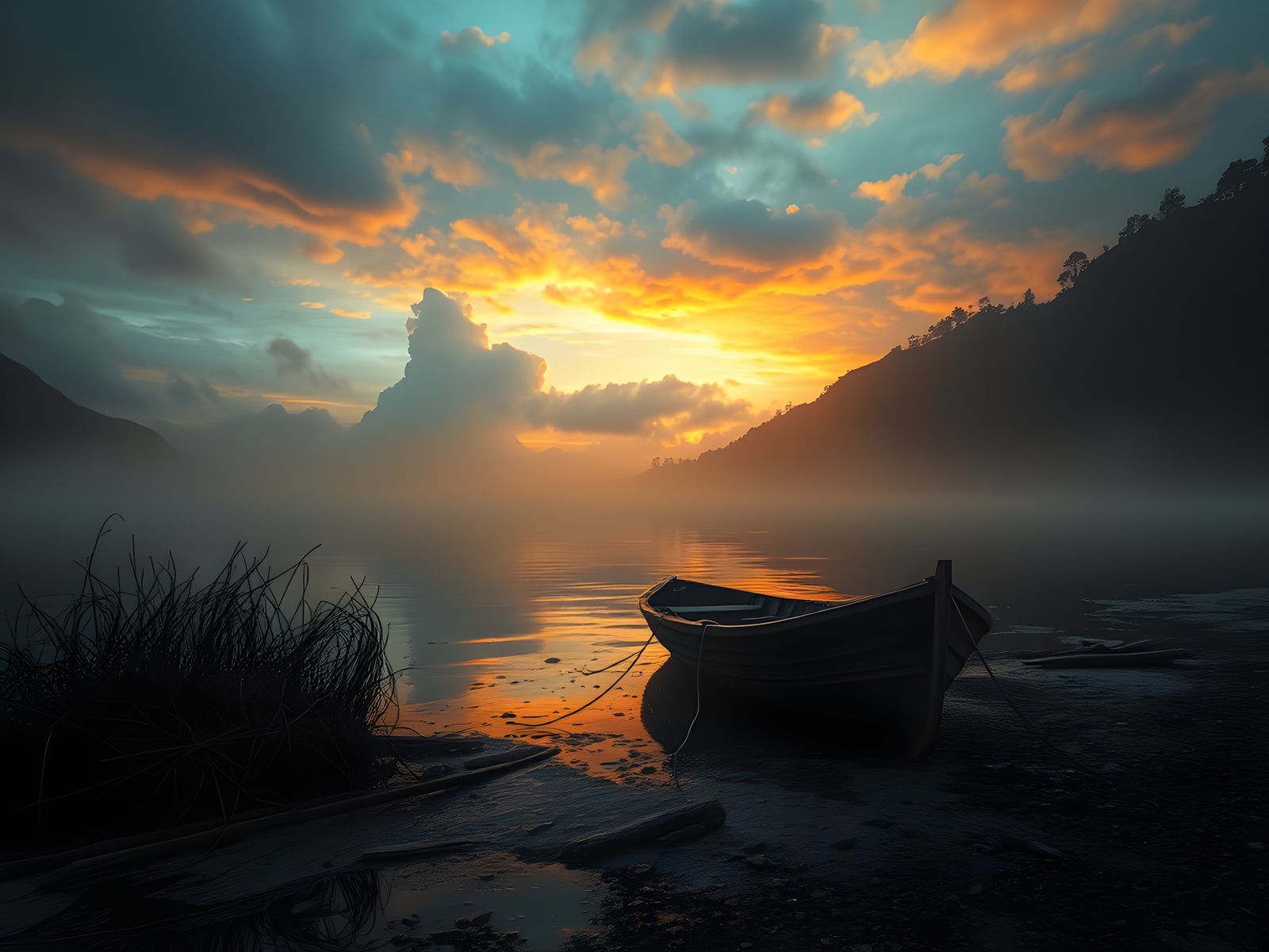Majestic Sunset on the Weathered River Shore