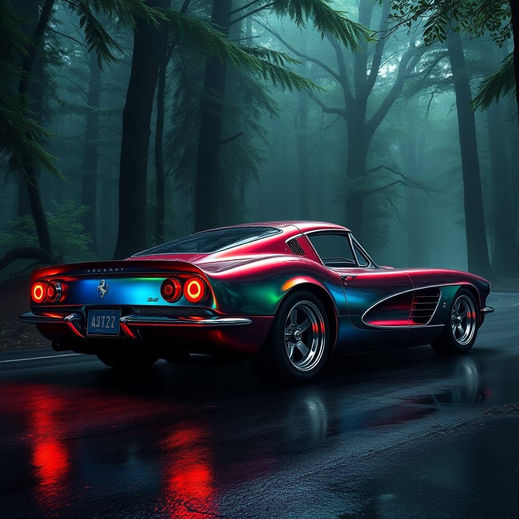 Hybrid Sports Car in Ethereal Forest, Photorealistic Style