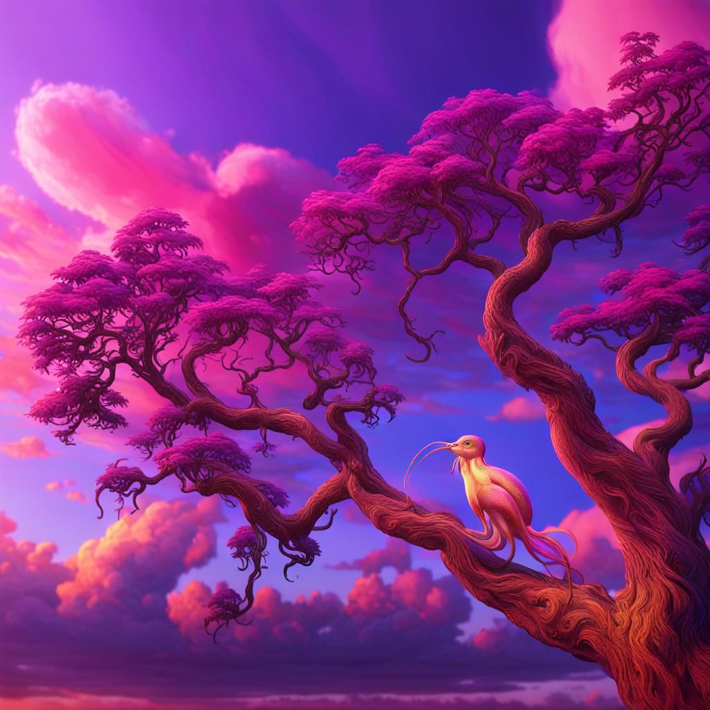 Iridescent Squid and Phoenix Bird in Colorful Sky