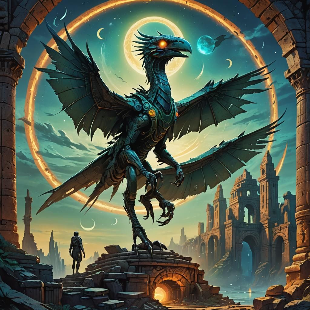 Alien Bird Hybrid in Moonlit Ancient Ruins