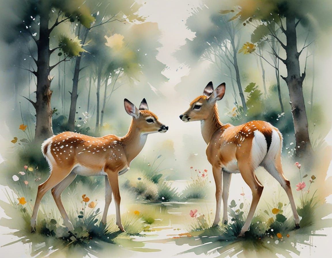 Fawns in Woodland Glen: Watercolour Painting