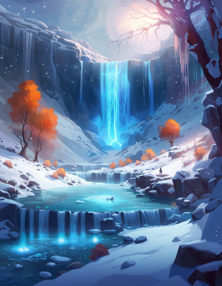 Magical Waterfall From Frozen Moon in Fantasy Style
