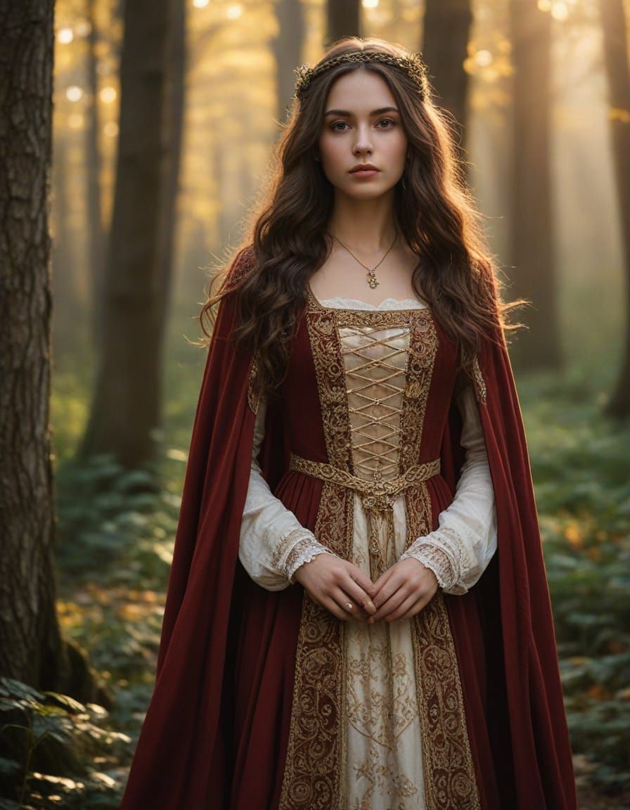 Medieval Romanian Woman in Whimsical Woodland Setting