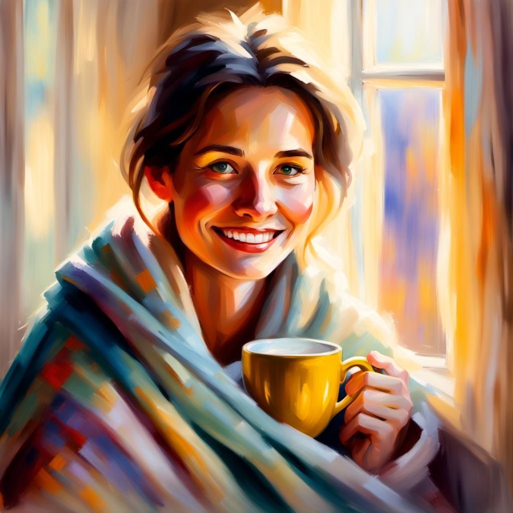 Cozy Morning: Impressionistic Portrait of Woman with Coffee