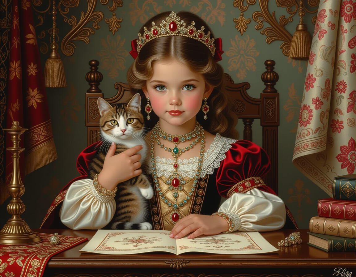 Medieval Girl Fashion Designer with Cat in Fantasy Style