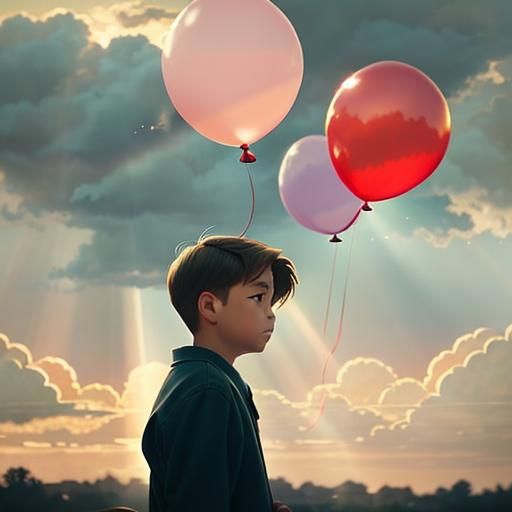 Boy Releases Balloons into a Dreamy Sky