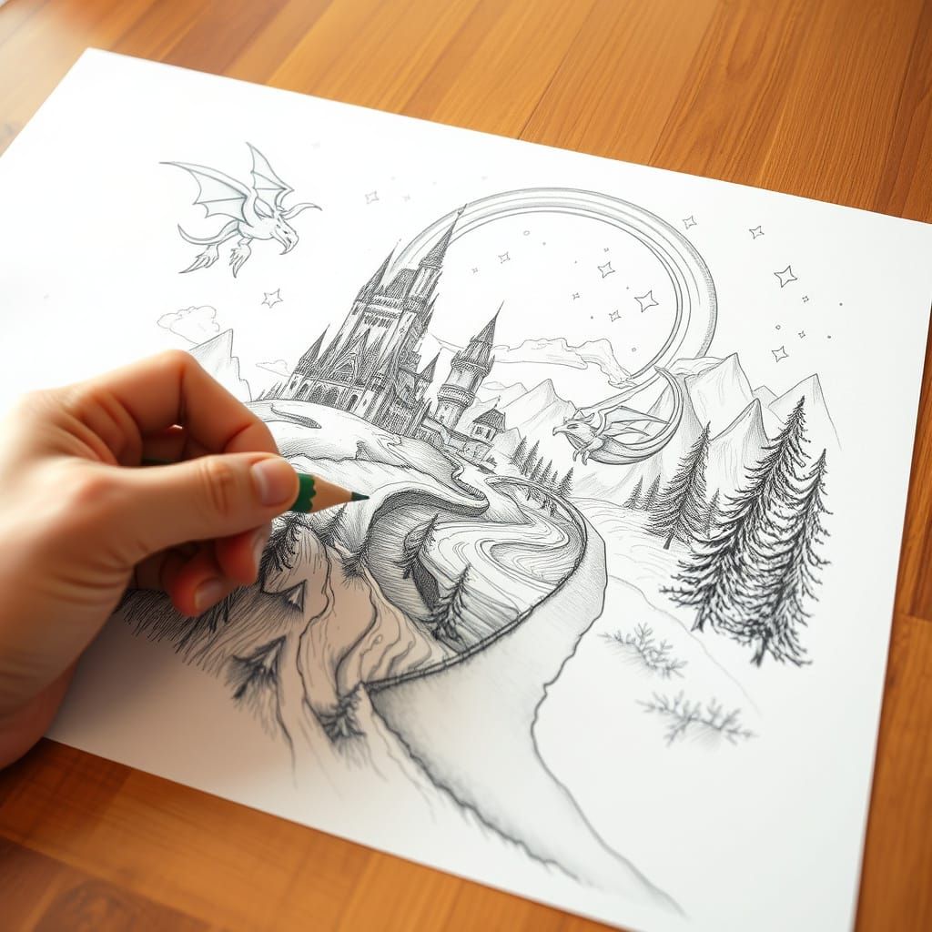 Graphite Pencil Art: Fantasy World Drawn on Paper