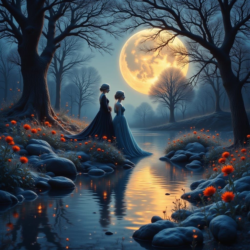 Moonlight Woman and Unicorns in Mystical Forest