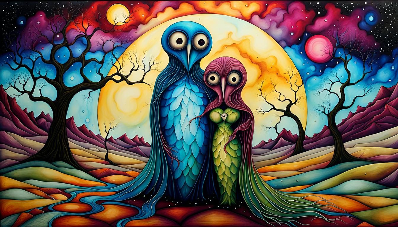 Surreal Creatures' Last Kiss in Desolate Land