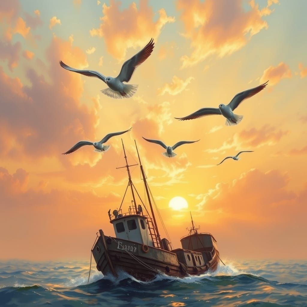 Seagulls Over Morning Trawler in Impressionist Style