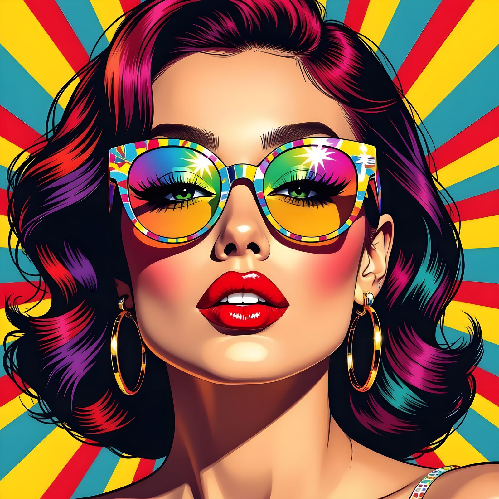 Woman with Mirrored Glasses and Colorful Hair