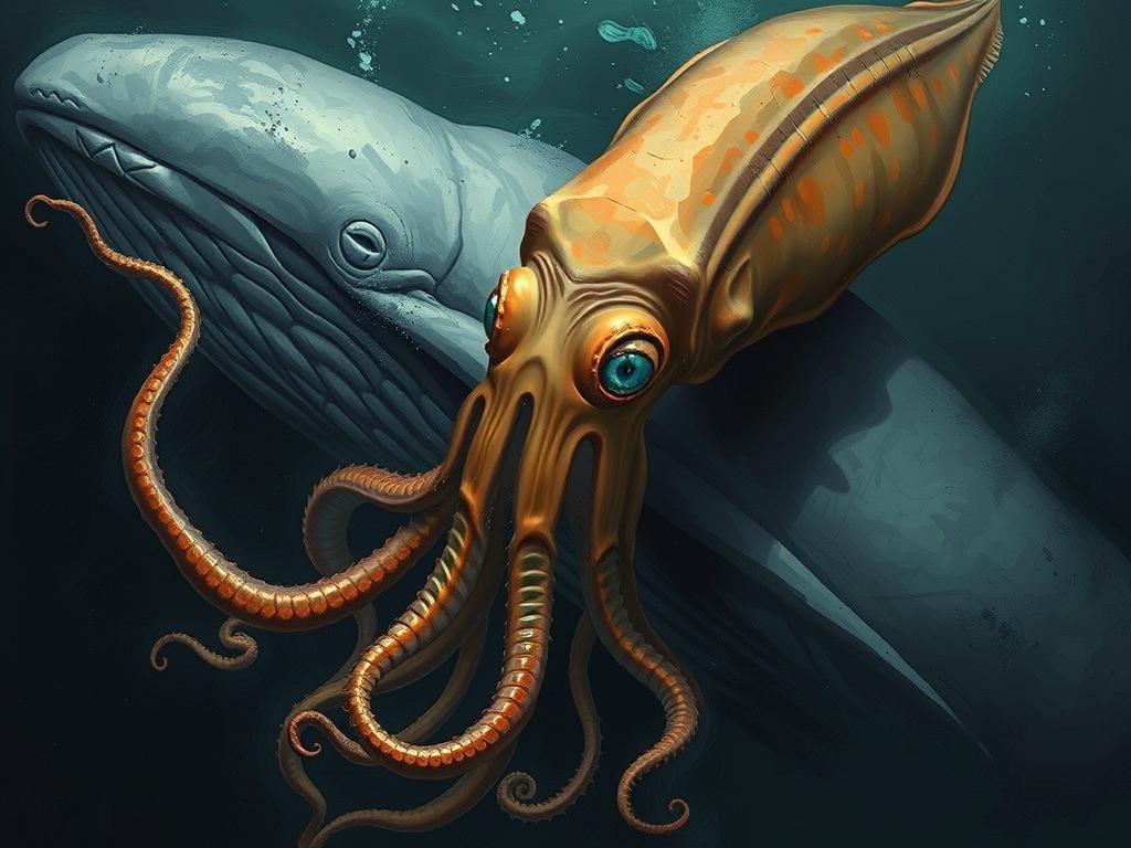 Giant Squid Attacks Whale in Deep Sea Matte Painting