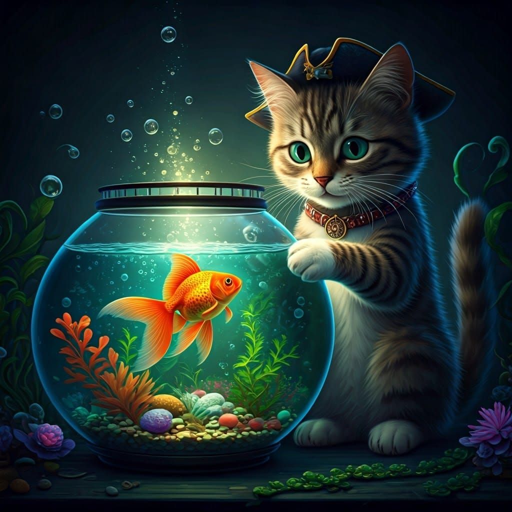 Mischievous Feline Pirate Plucks Goldfish from Enchanted Aqu...