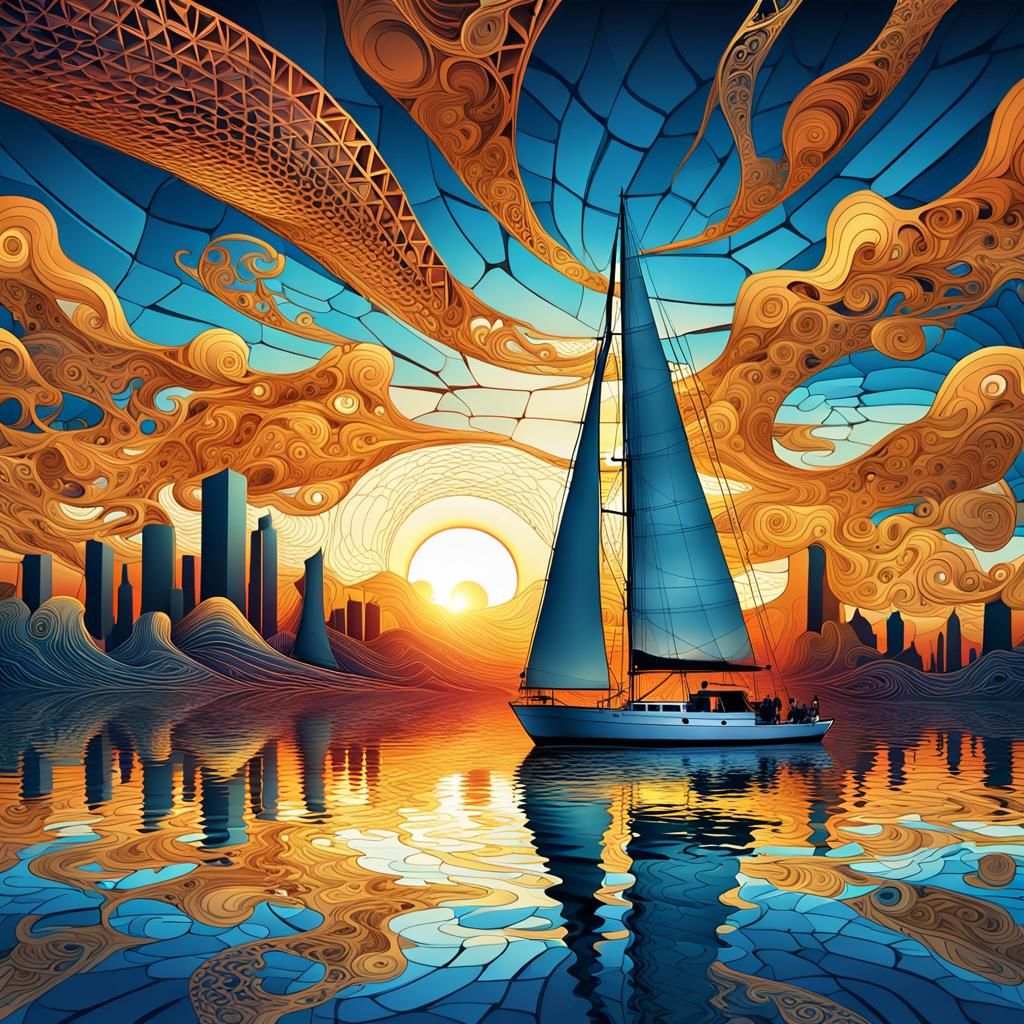 Fractal Sunset Sailing Illustration with 3D Shading
