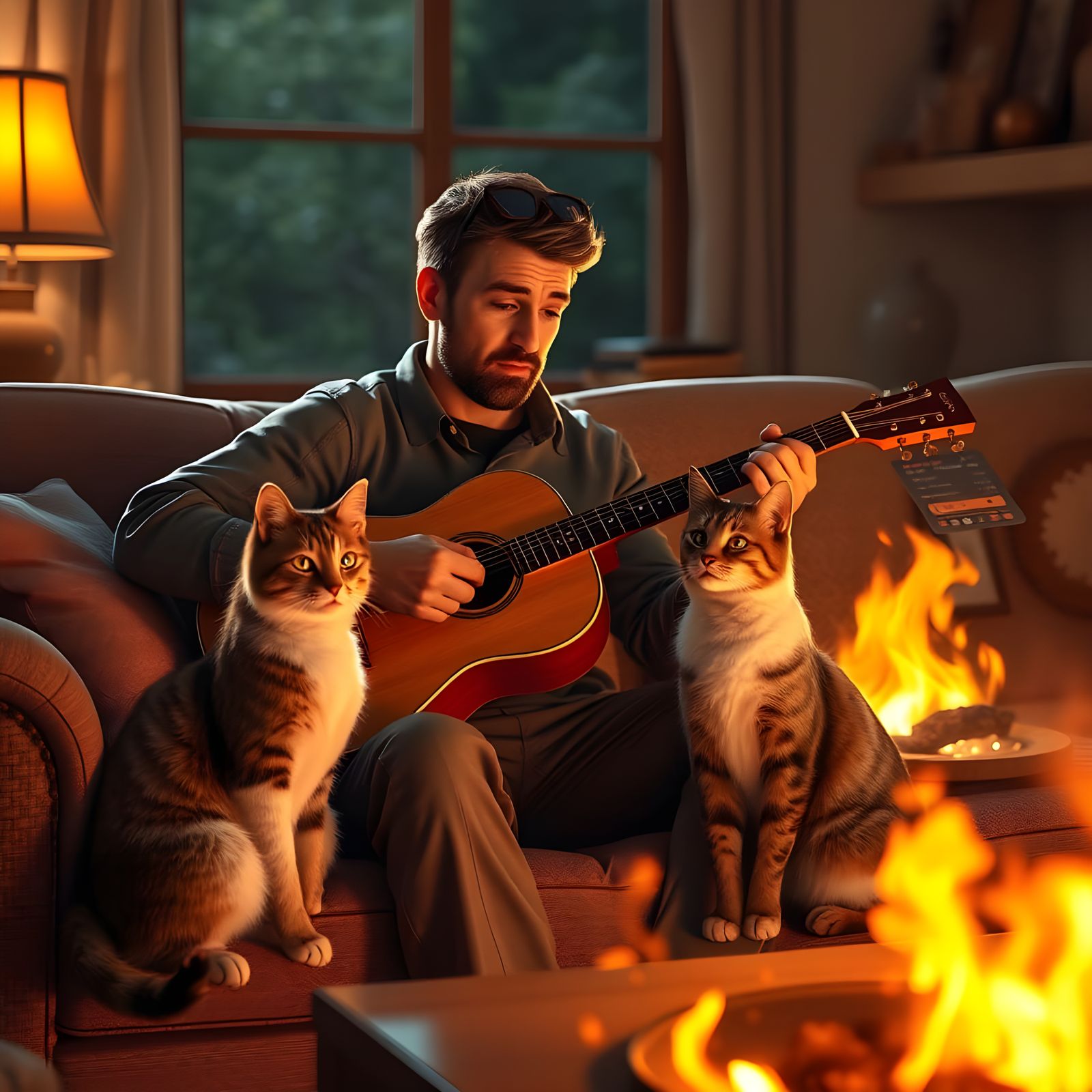 Cozy Guitar Serenade by Fire in Expressionist Style