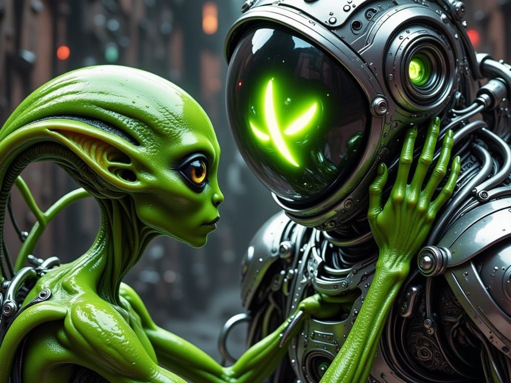 Ethereal Encounter: Alien Reflects on Astronaut's Helmet