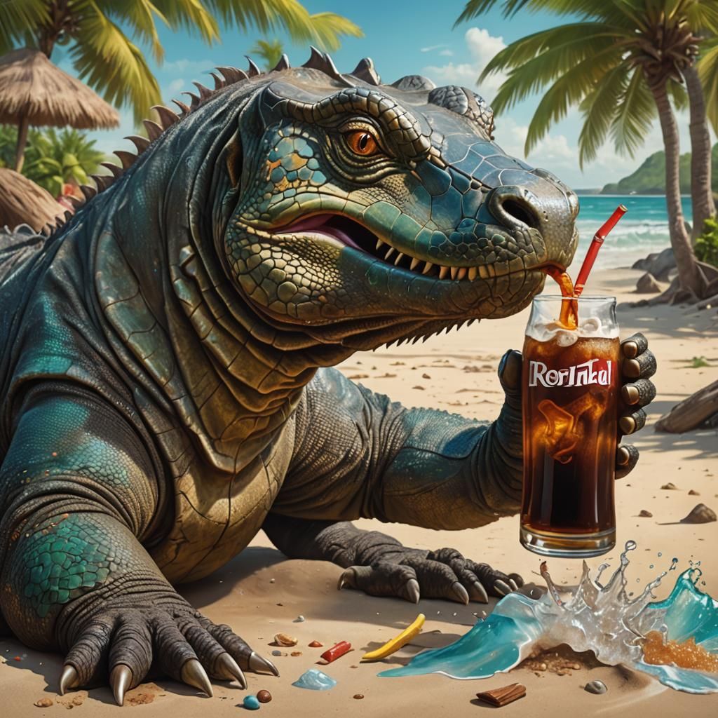 Anthropomorphic Komodo Dragon Beach Scene in Splash Art Styl...