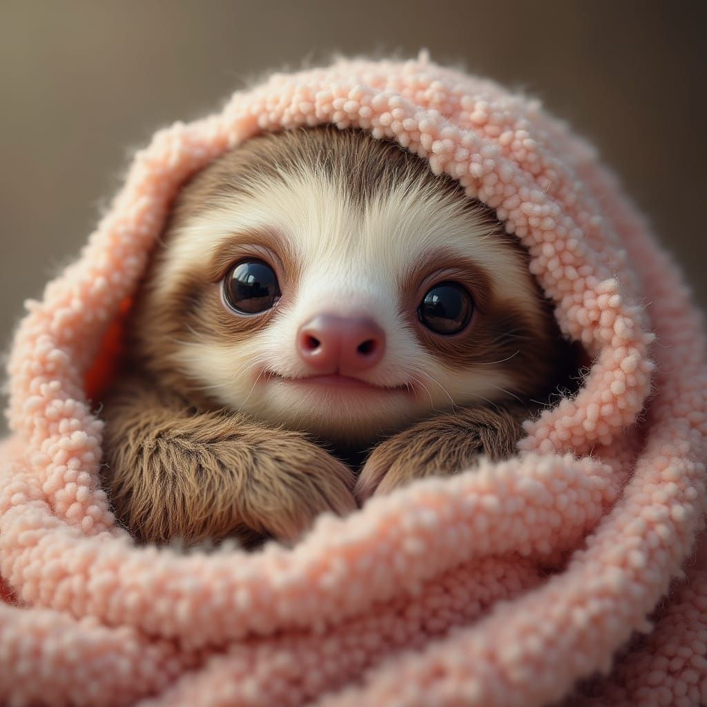 Kawaii Baby Sloth Cuddled in Blanket