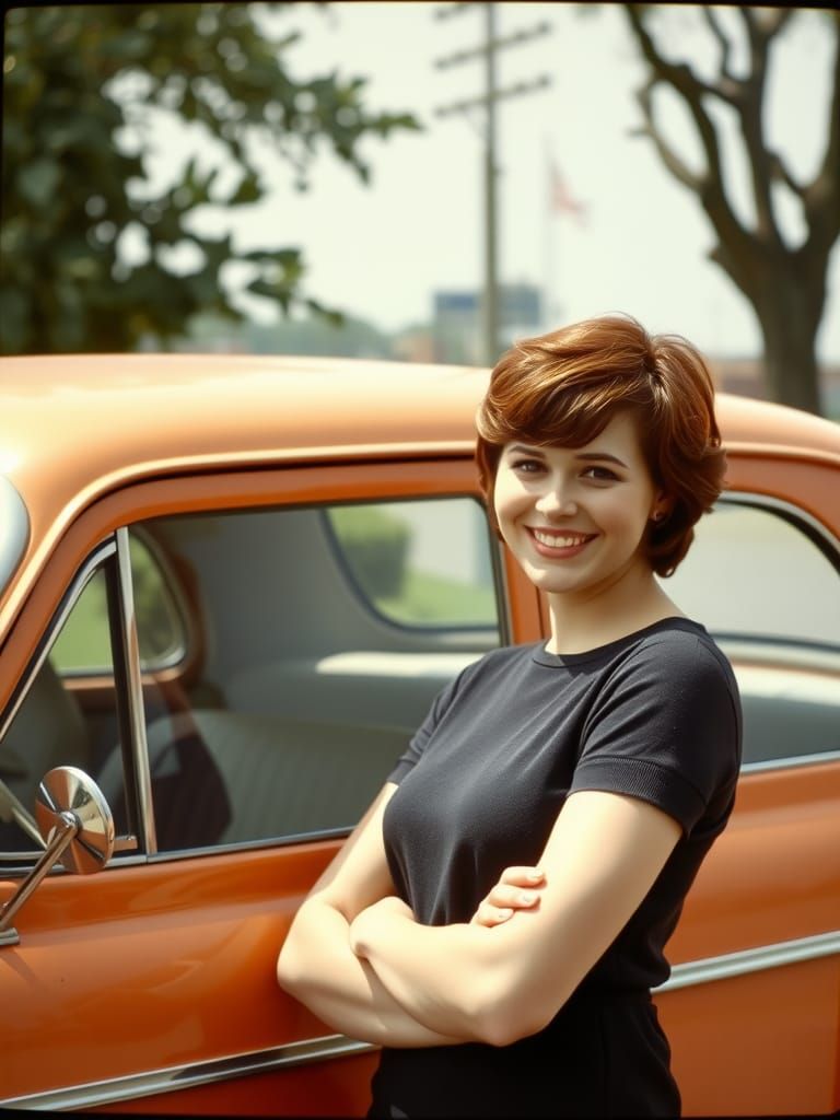 Vintage Photo of Smiling Woman with 1960s Car