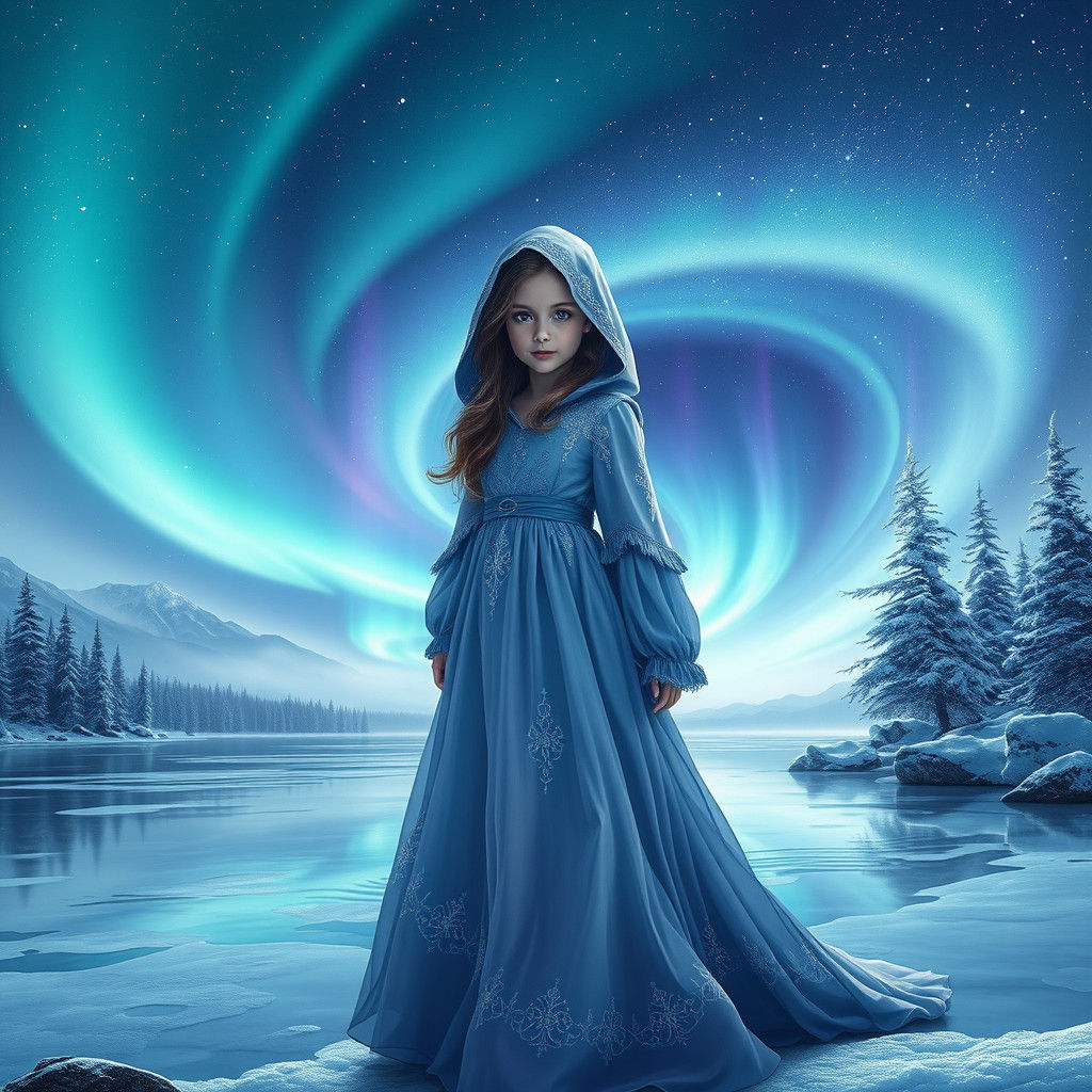 Ethereal Girl Gazing at Northern Lights