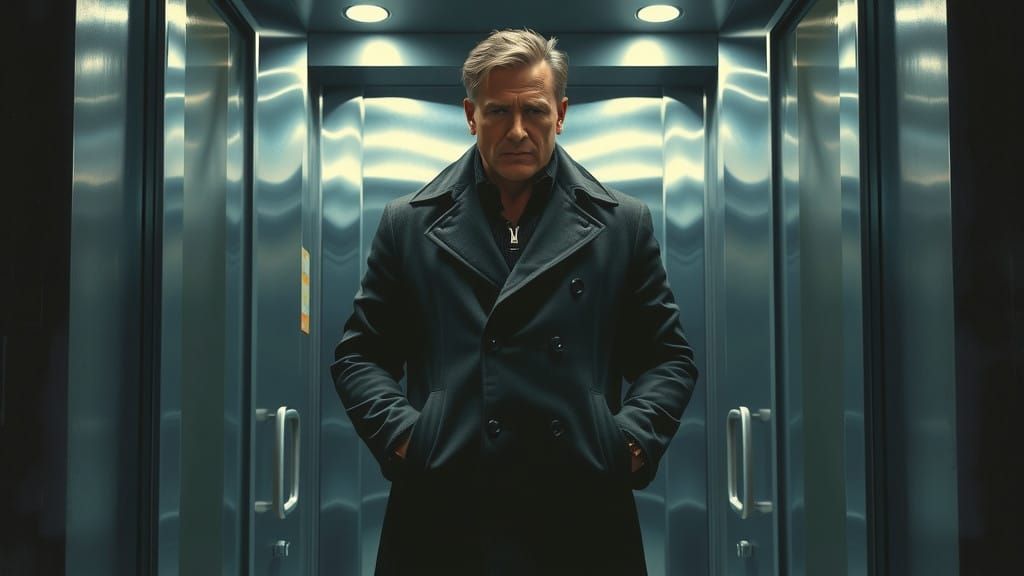 Dystopian Futurist in Front of Metallic Elevator