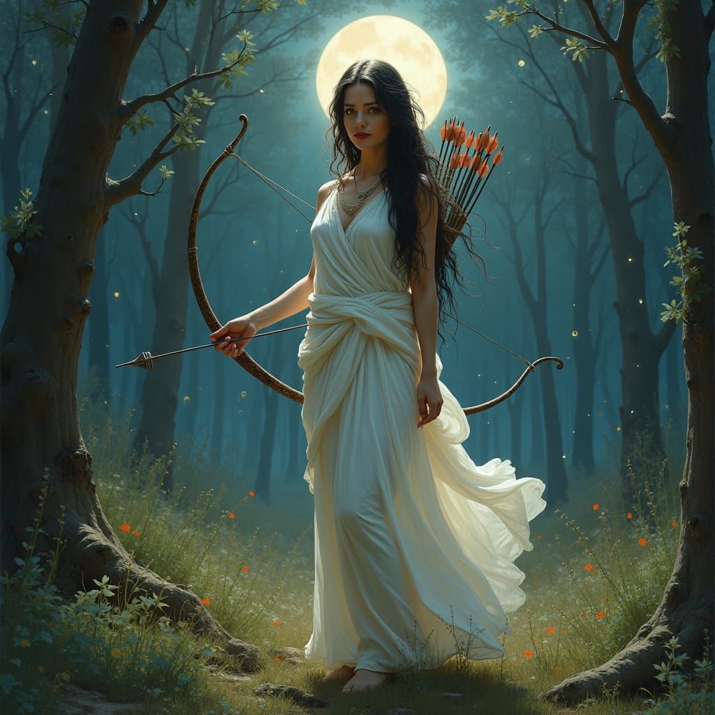 Artemis, Goddess of the Hunt, in Moonlight Forest