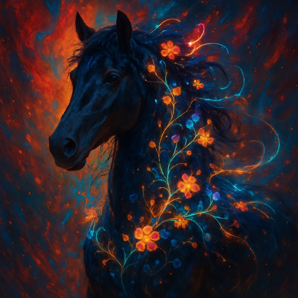 Majestic Horse Portrait with Glowing Floral Vines