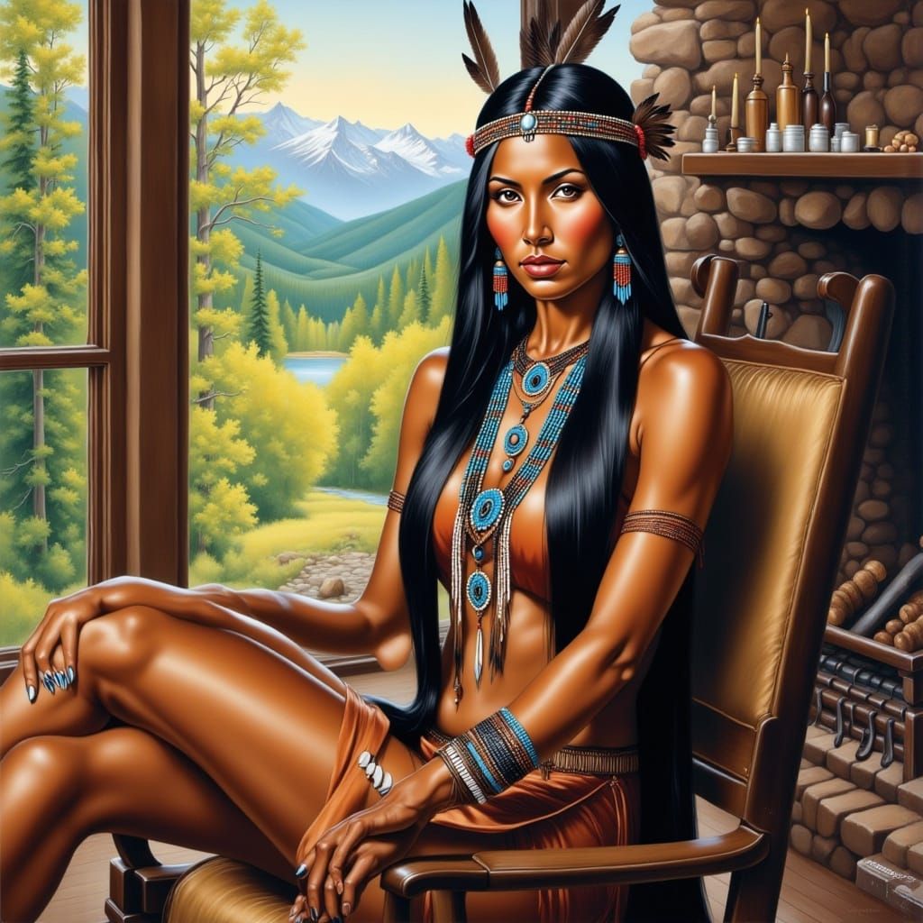 Native American Woman in Forest, Watercolor Painting