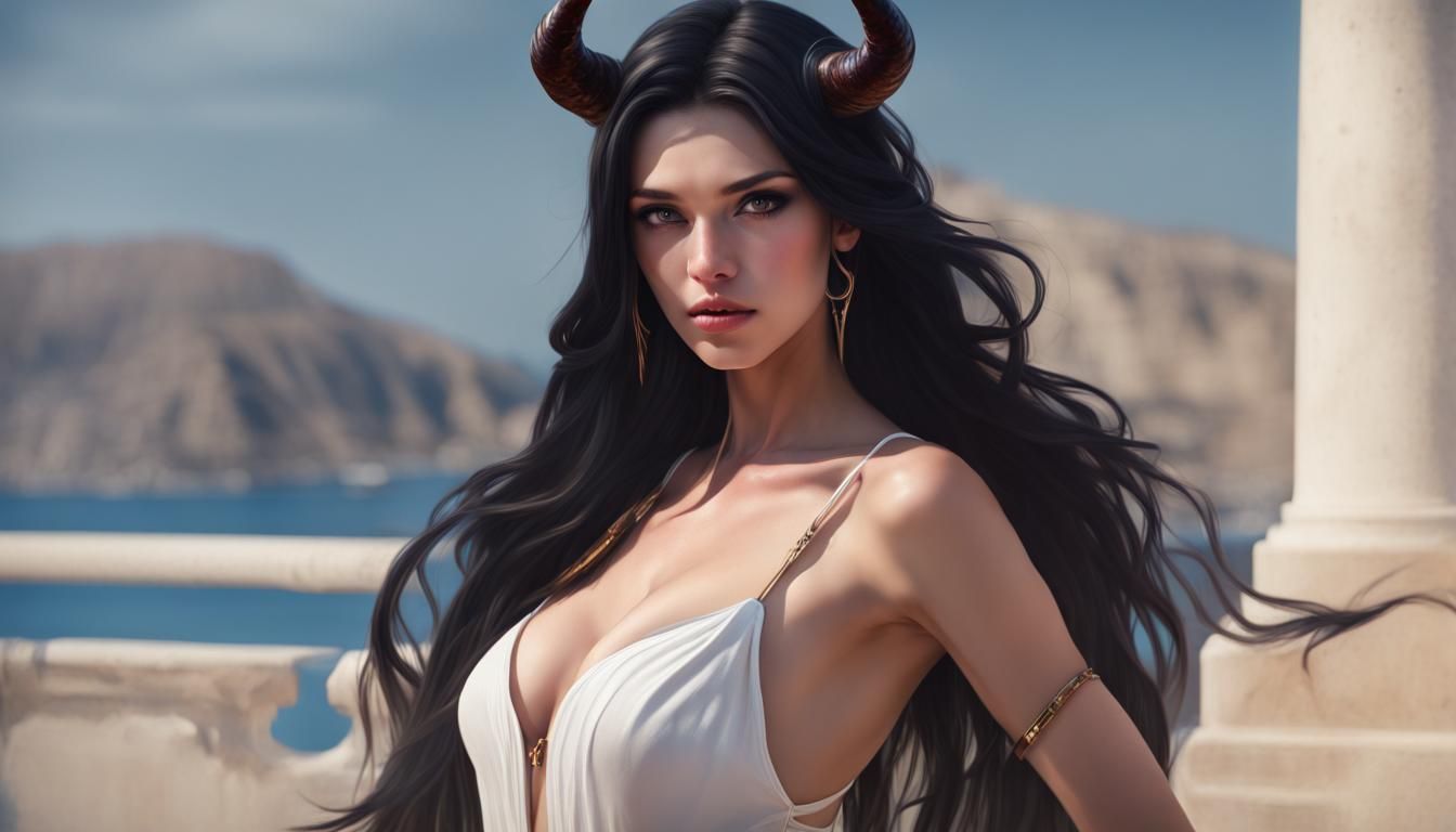 Greek Devil Girl Portrait in Splash Art Style