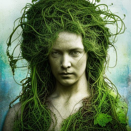 Statue Overgrown with Vines and Greenery