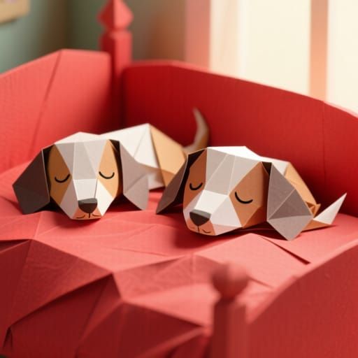 Origami Dachshunds Sleep Peacefully in Red Bed