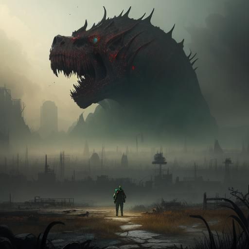 Walking Dead on Park Bench in Apocalyptic Landscape