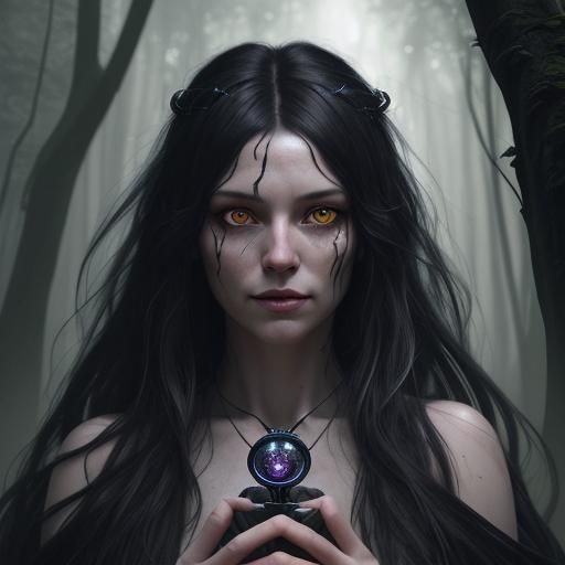Forest Witch Portrait with Glowing Amulet