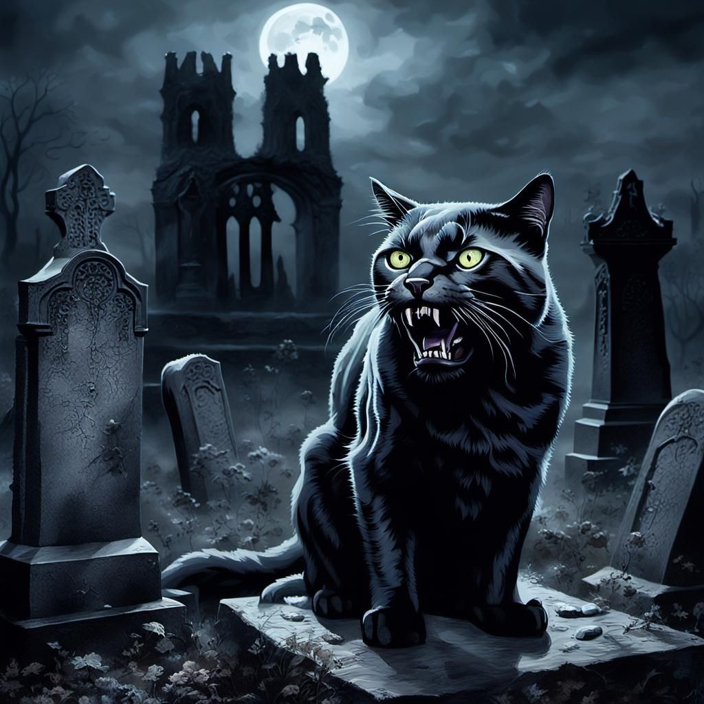 Eerie Ghost Cat Snarls in Graveyard, Surreal Oil Painting