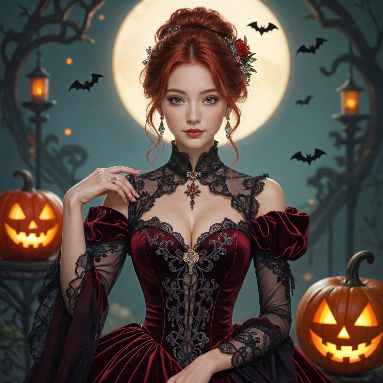 Elegant Red-Haired Woman in Halloween Formal Dress