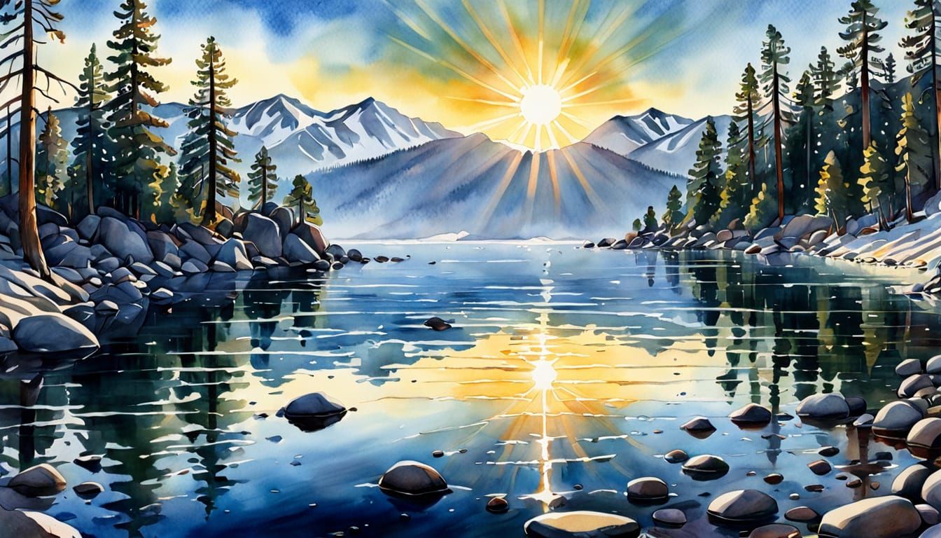Vibrant Sunrise over a Serene Lake Tahoe