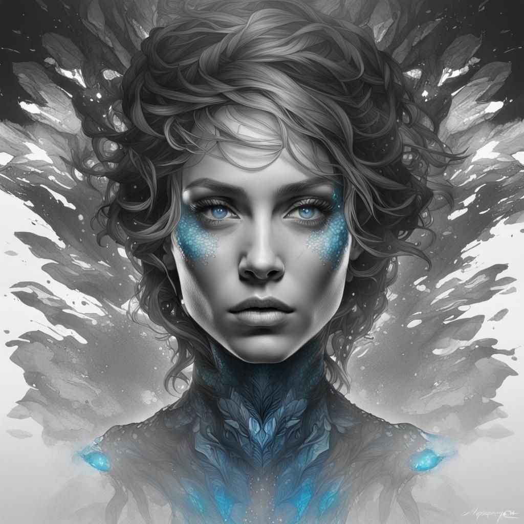 Woman with Iridescent Eyes in Black and White