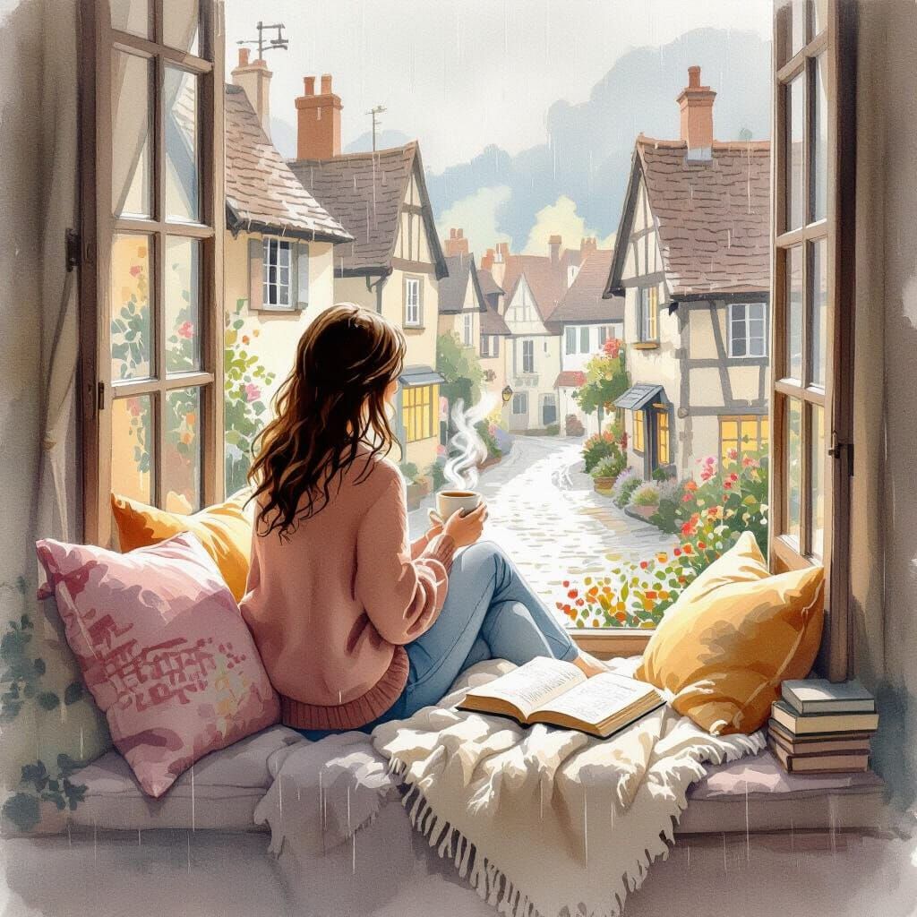 Cozy Window Seat Overlooking Rainy Village Street