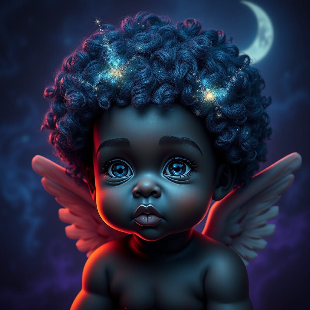 Celestial Cherub in Midnight Blue Afro-Hair and Indigo Backg...