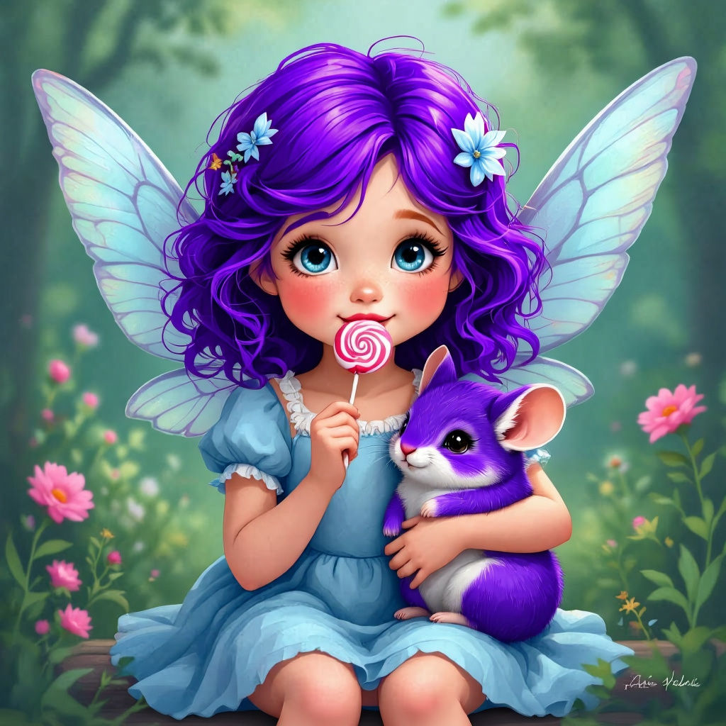 Winged Girl Cuddling Chinchilla in Disney Style