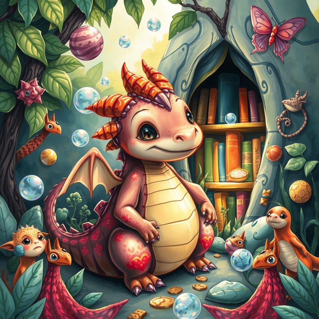 Chubby Little Dragons Discover Whimsical Bookshelf Worlds