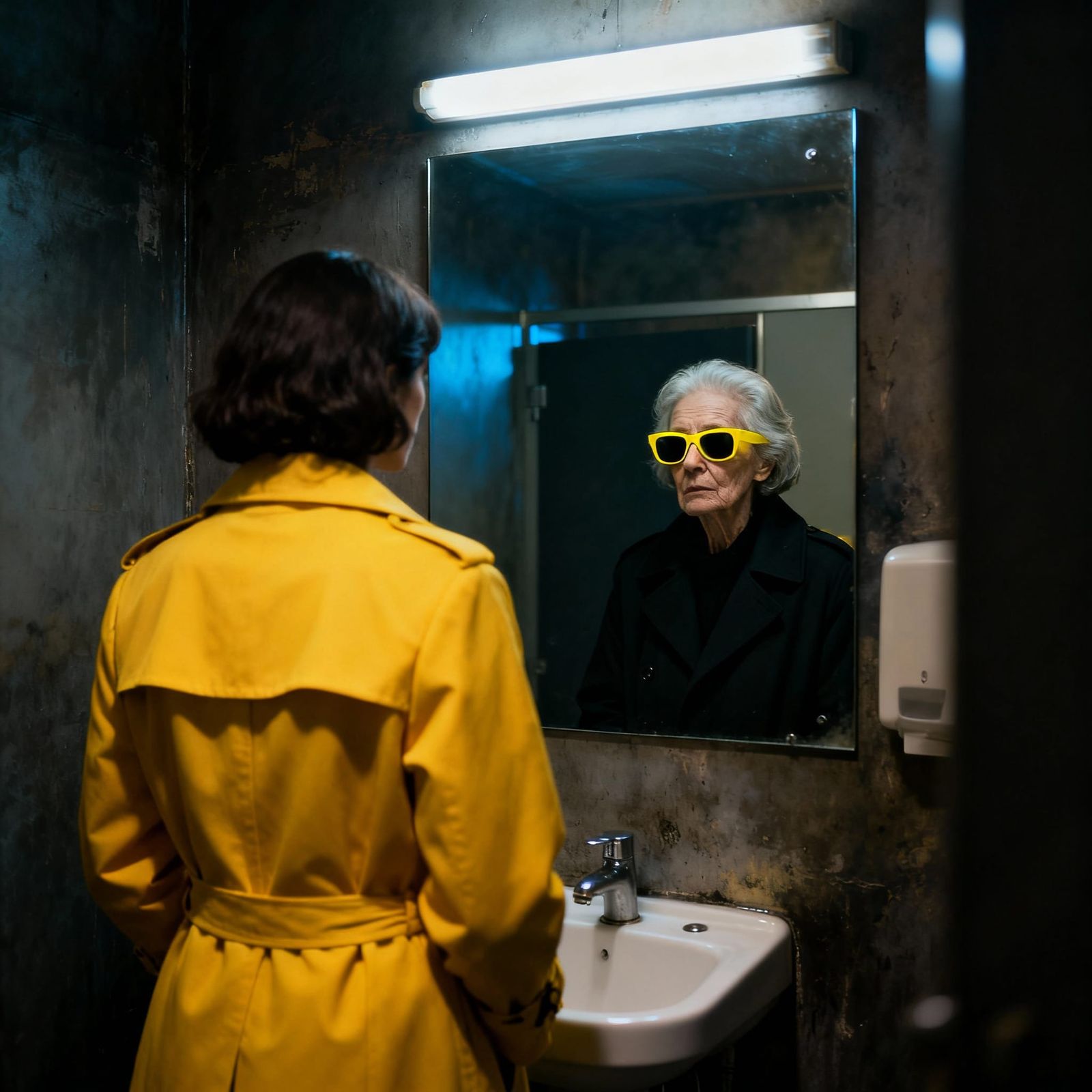 Surreal Reflection: Woman Sees Elderly Self in Mirror